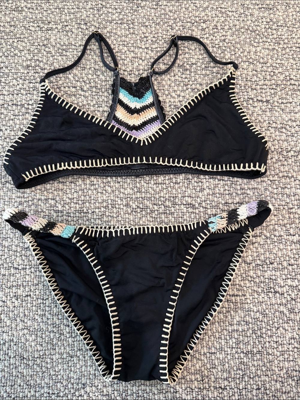 Black Crochet-Trim Bikini Set with Multicolor Chevron Detail
